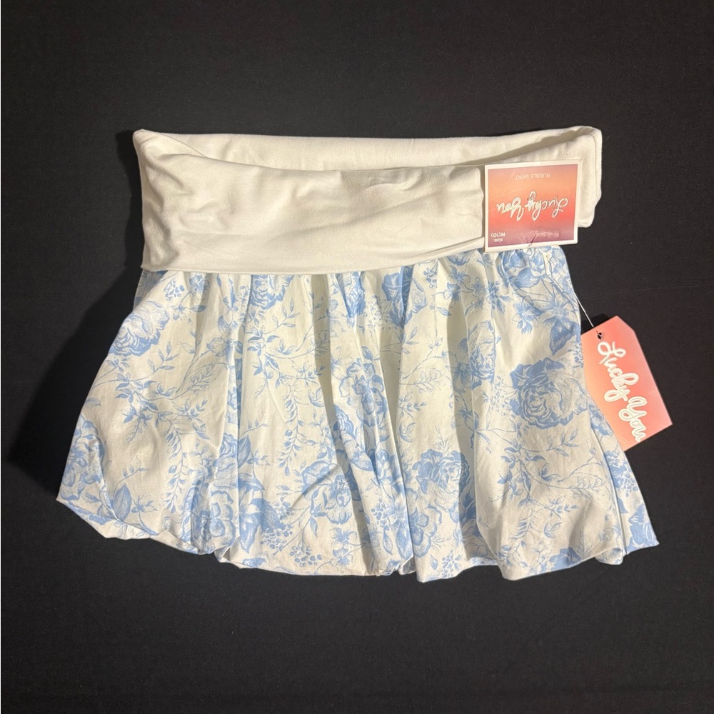 Lucky You White and Light Blue Floral Fold-Over Waist Bubble Skirt